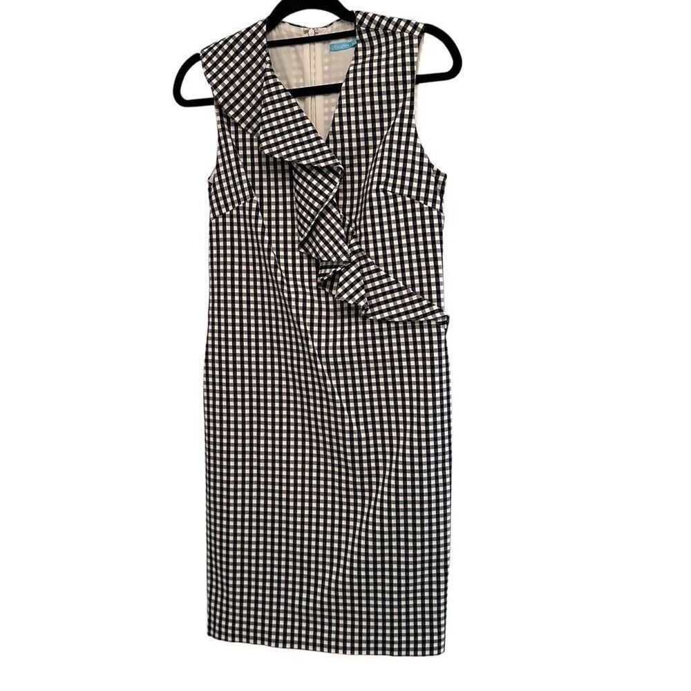 J. McLaughlin Navy / Cream Gingham Dress with Ruffle Front- size 6